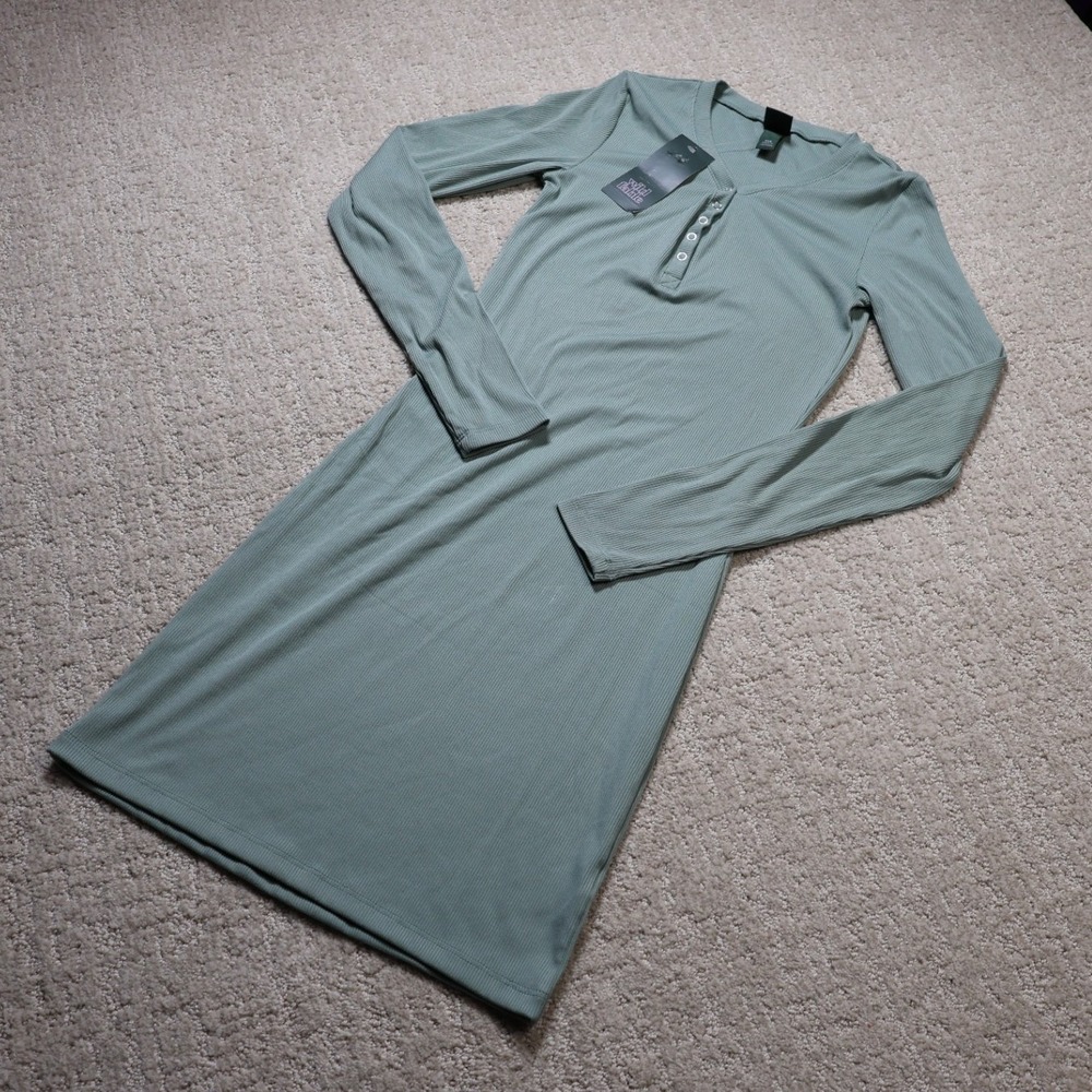 Wild Fable Fern Green Ribbed Henley Mini Dress Long Sleeve XXS 6ZPWWO
